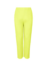 The FINE KNIT PLEATS COLOR 2 pants by me ISSEY MIYAKE are bright yellow, high-waisted, straight-leg with fine knit pleats and a ribbed texture. They feature a lightweight feel, elastic waistband, and a slightly cropped length on a plain white background. - CITRUS YELLOW （no.50）