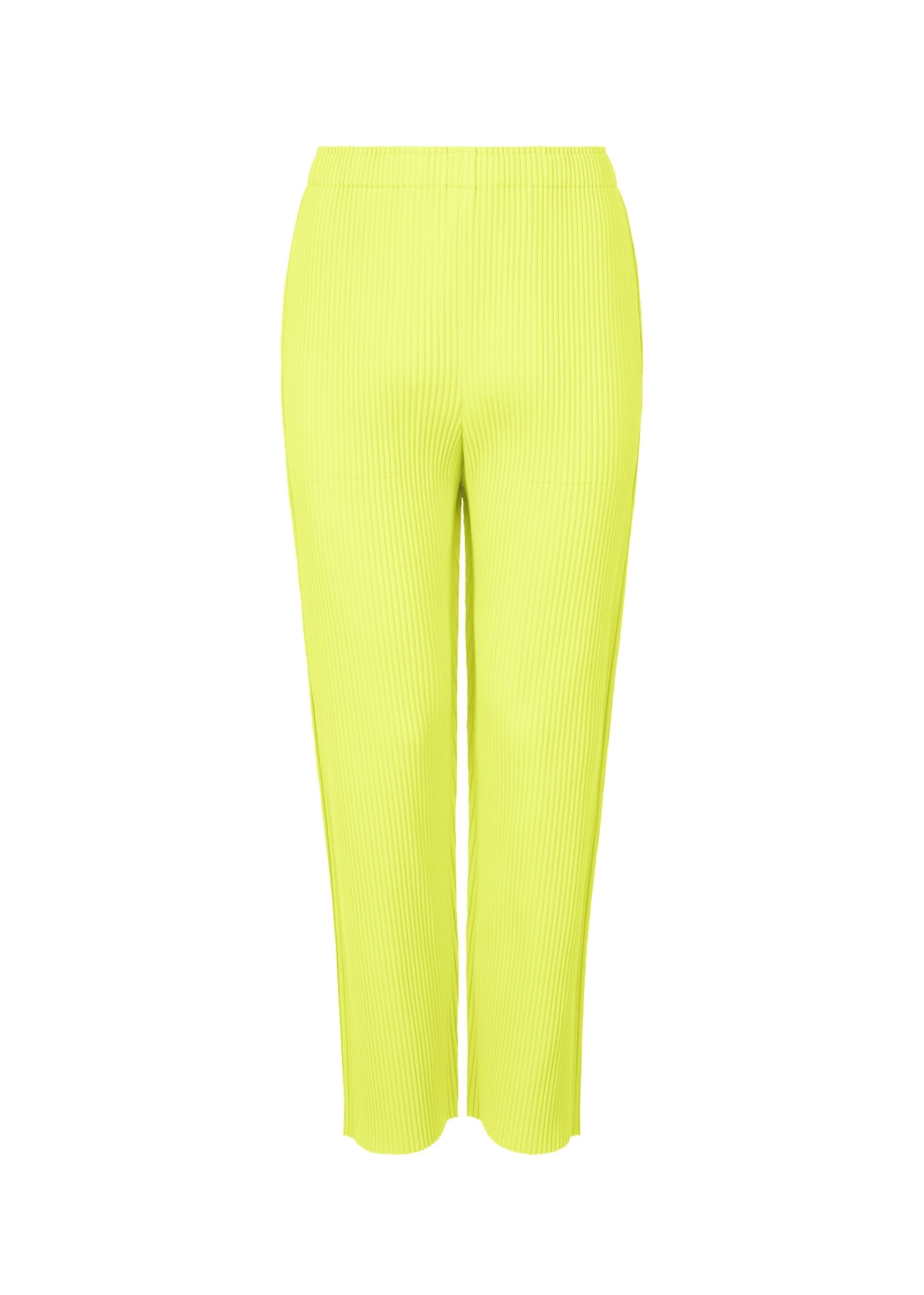 Zoomed view The FINE KNIT PLEATS COLOR 2 pants by me ISSEY MIYAKE are bright yellow, high-waisted, straight-leg with fine knit pleats and a ribbed texture. They feature a lightweight feel, elastic waistband, and a slightly cropped length on a plain white background. - CITRUS YELLOW （no.50）