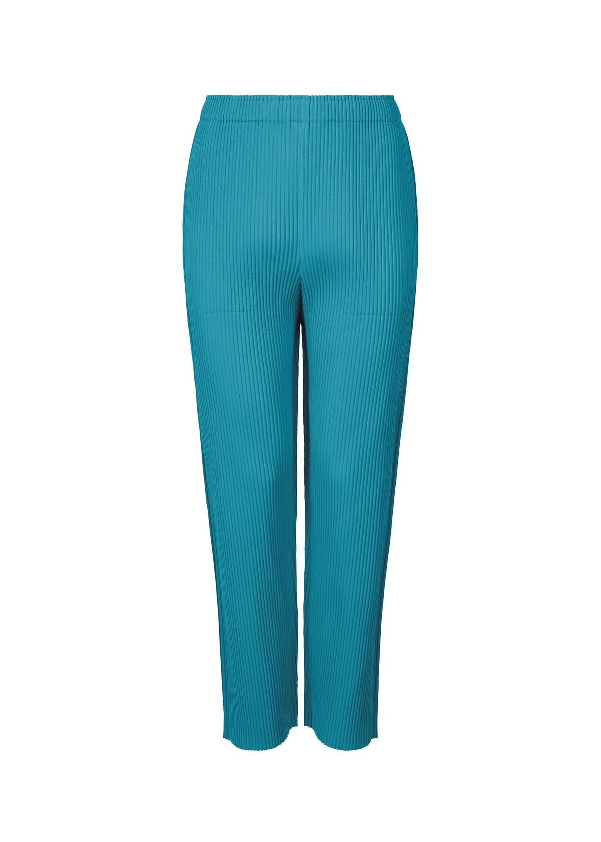 FINE KNIT PLEATS COLOR 2 by me ISSEY MIYAKE: Teal blue, high-waisted, ankle-length straight pants with lightweight fine knit pleats and a flattering straight-leg fit, shown on a plain white background. view 4 of 7