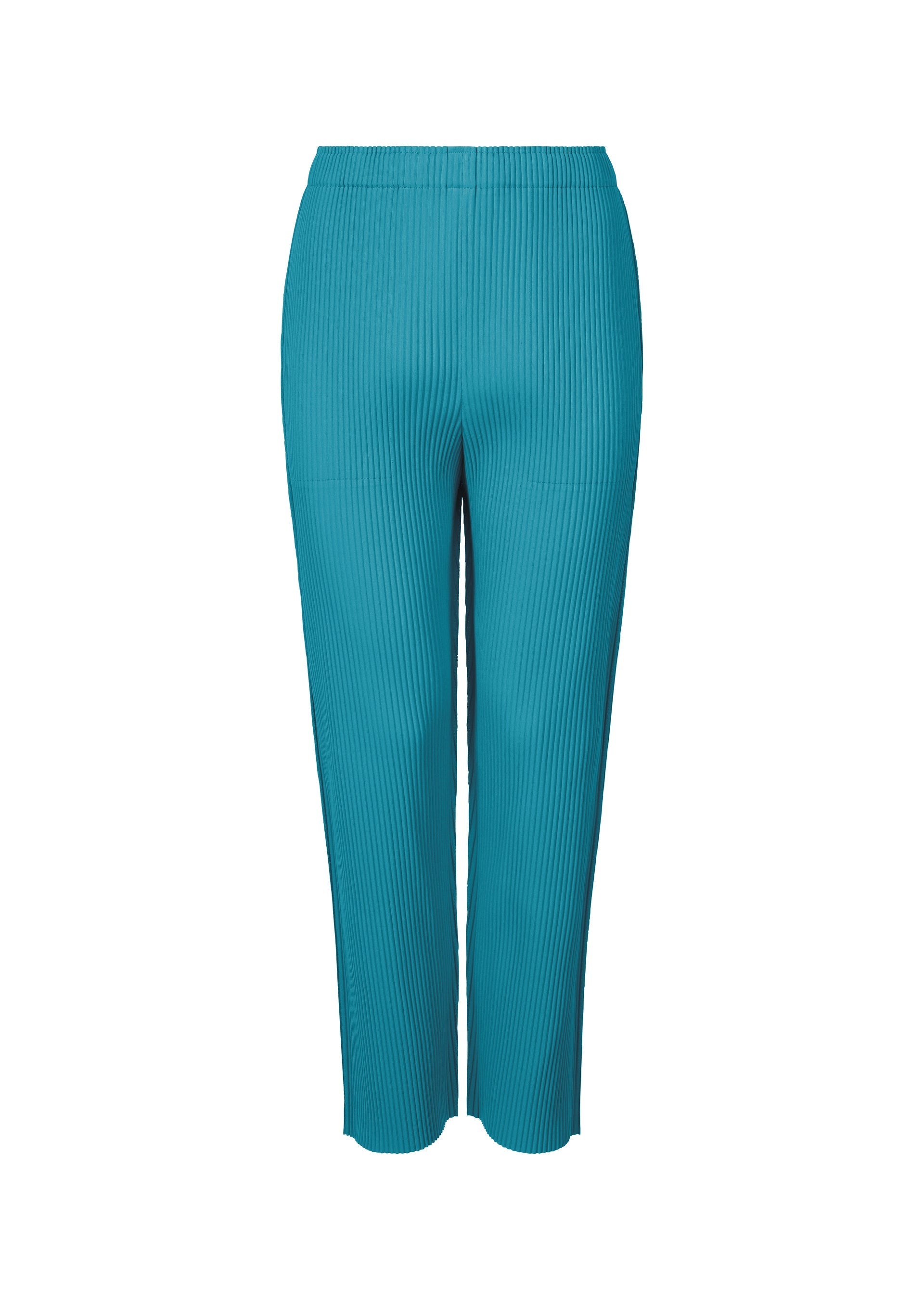 Zoomed view FINE KNIT PLEATS COLOR 2 by me ISSEY MIYAKE: Teal blue, high-waisted, ankle-length straight pants with lightweight fine knit pleats and a flattering straight-leg fit, shown on a plain white background. - TURQUOISE （no.73）