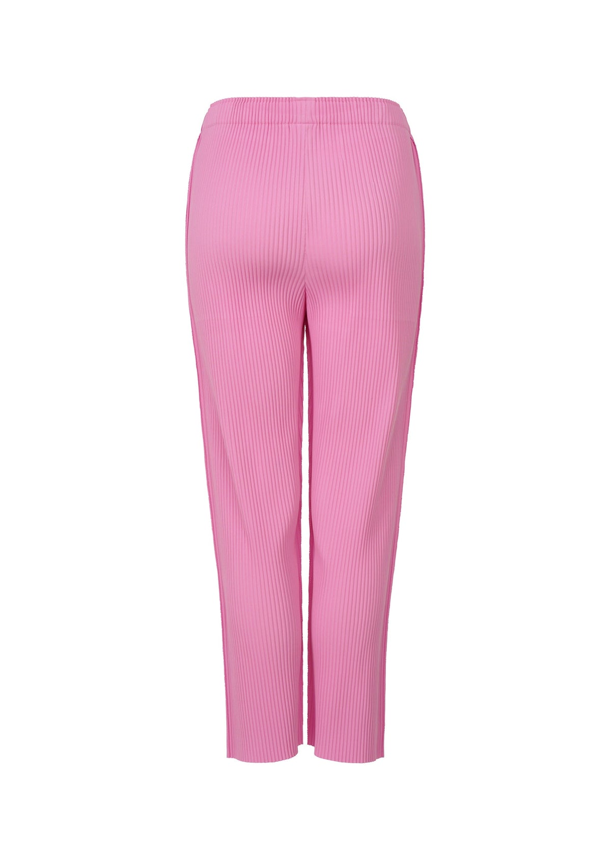 The FINE KNIT PLEATS COLOR 2 pants by me ISSEY MIYAKE are pink, high-waisted, ankle-length straight pants with a ribbed texture and fine knit pleats, shown from the back against a white background. view 5 of 7