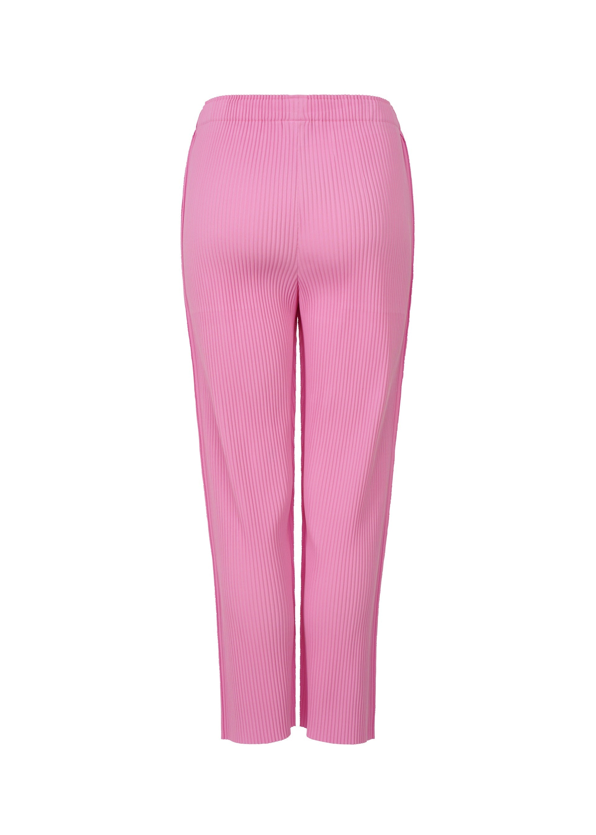 Zoomed view The FINE KNIT PLEATS COLOR 2 pants by me ISSEY MIYAKE are pink, high-waisted, ankle-length straight pants with a ribbed texture and fine knit pleats, shown from the back against a white background.