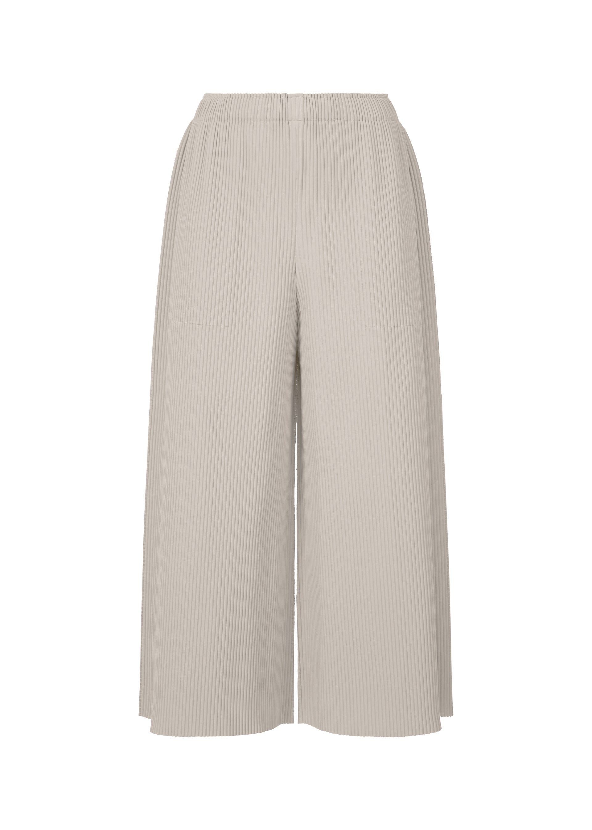 Zoomed view The FINE KNIT PLEATS COLOR 2 by me ISSEY MIYAKE features light beige, wide-leg culotte pants with an elastic waistband and fine knit pleats, made from textured fabric and shown against a white background. - LIGHT GRAY （no.11）