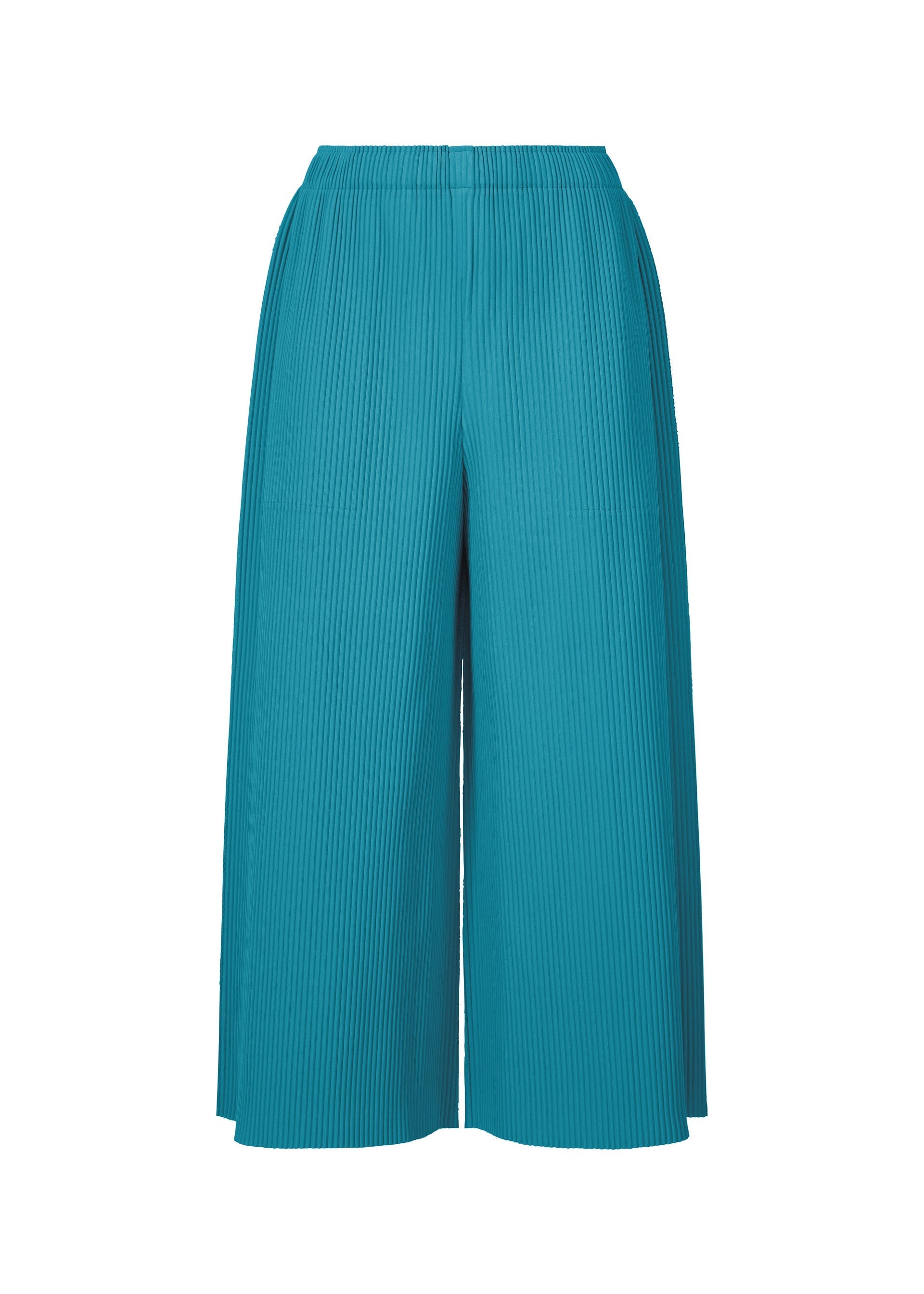 Zoomed view The FINE KNIT PLEATS COLOR 2 by me ISSEY MIYAKE are turquoise wide-leg culottes with an elastic waistband and fine knit pleats, shown against a white background. - TURQUOISE （no.73）