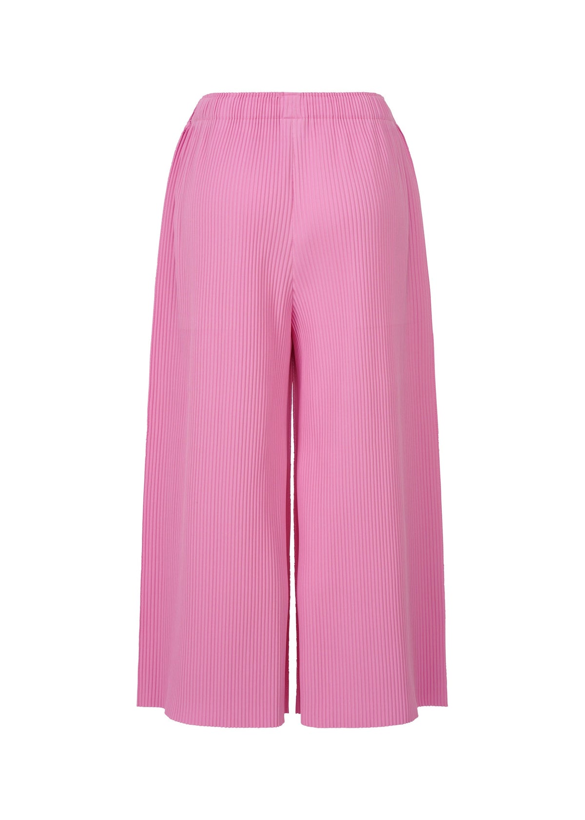 The me ISSEY MIYAKE FINE KNIT PLEATS COLOR 2 are pink wide-leg, high-waisted pleated knit pants with an elastic waistband, shown against a white background. view 5 of 7