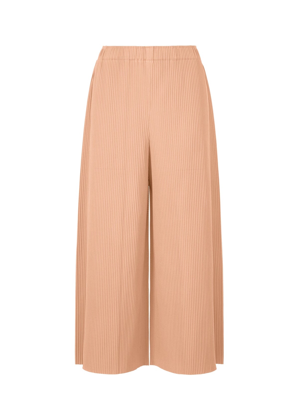 The FINE KNIT PLEATS BOTTOM 2 by me ISSEY MIYAKE are high-waisted, wide-leg, light beige knit pants with ankle-length, fine pleats and a relaxed fit. Features an elastic waistband. Displayed against a white background. view 1 of 8