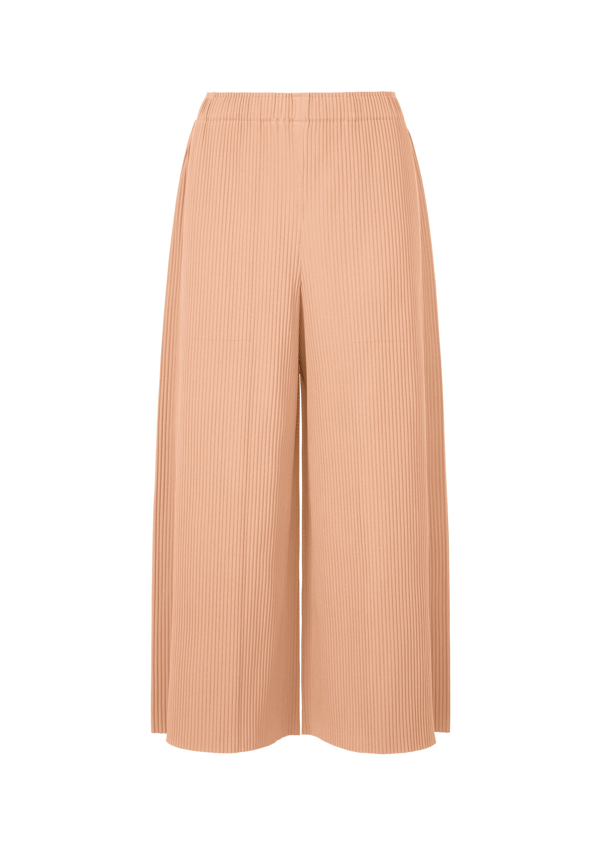 Zoomed view The FINE KNIT PLEATS BOTTOM 2 by me ISSEY MIYAKE are high-waisted, wide-leg, light beige knit pants with ankle-length, fine pleats and a relaxed fit. Features an elastic waistband. Displayed against a white background. - PEACH （no.30）