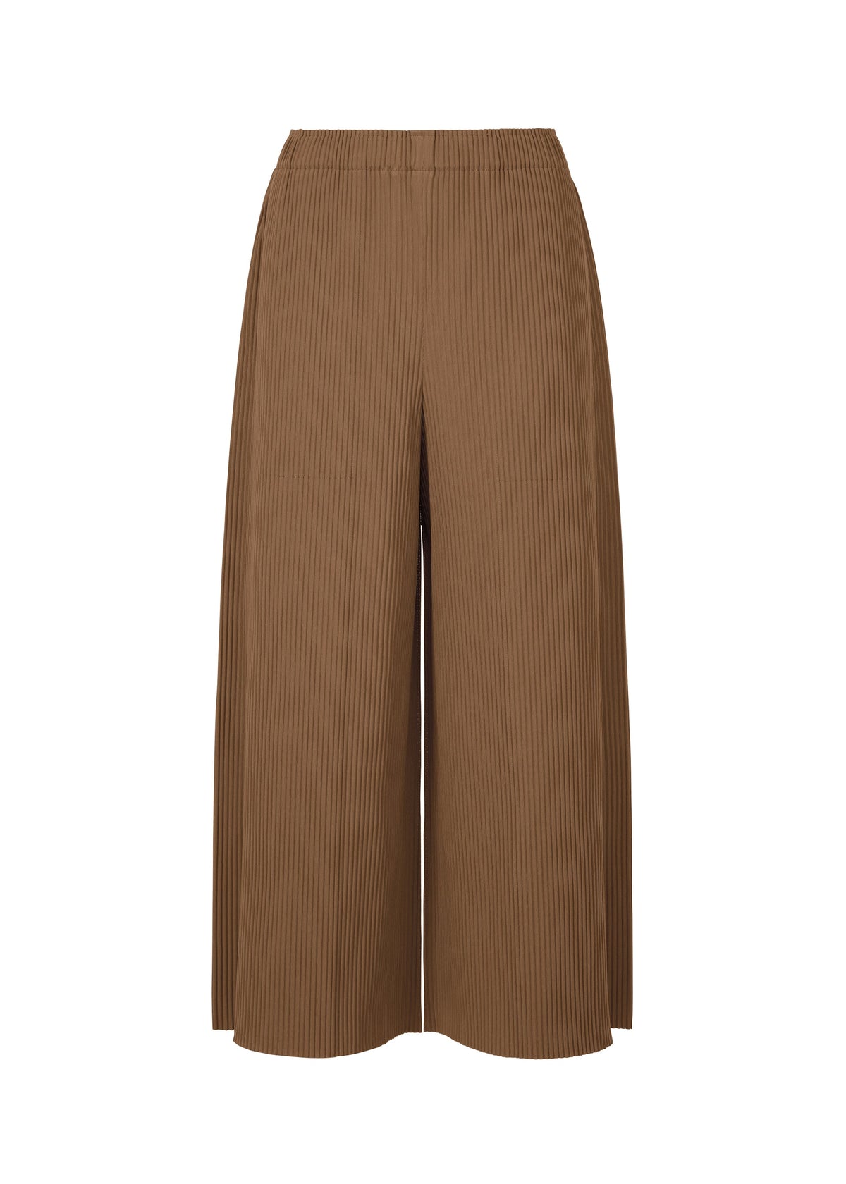 The FINE KNIT PLEATS BOTTOM 2 by me ISSEY MIYAKE are wide-leg, ankle-length brown pants with fine knit pleats and an elastic waistband, shown on a white background. view 2 of 8