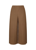 The FINE KNIT PLEATS BOTTOM 2 by me ISSEY MIYAKE are wide-leg, ankle-length brown pants with fine knit pleats and an elastic waistband, shown on a white background. - BROWN （no.44）