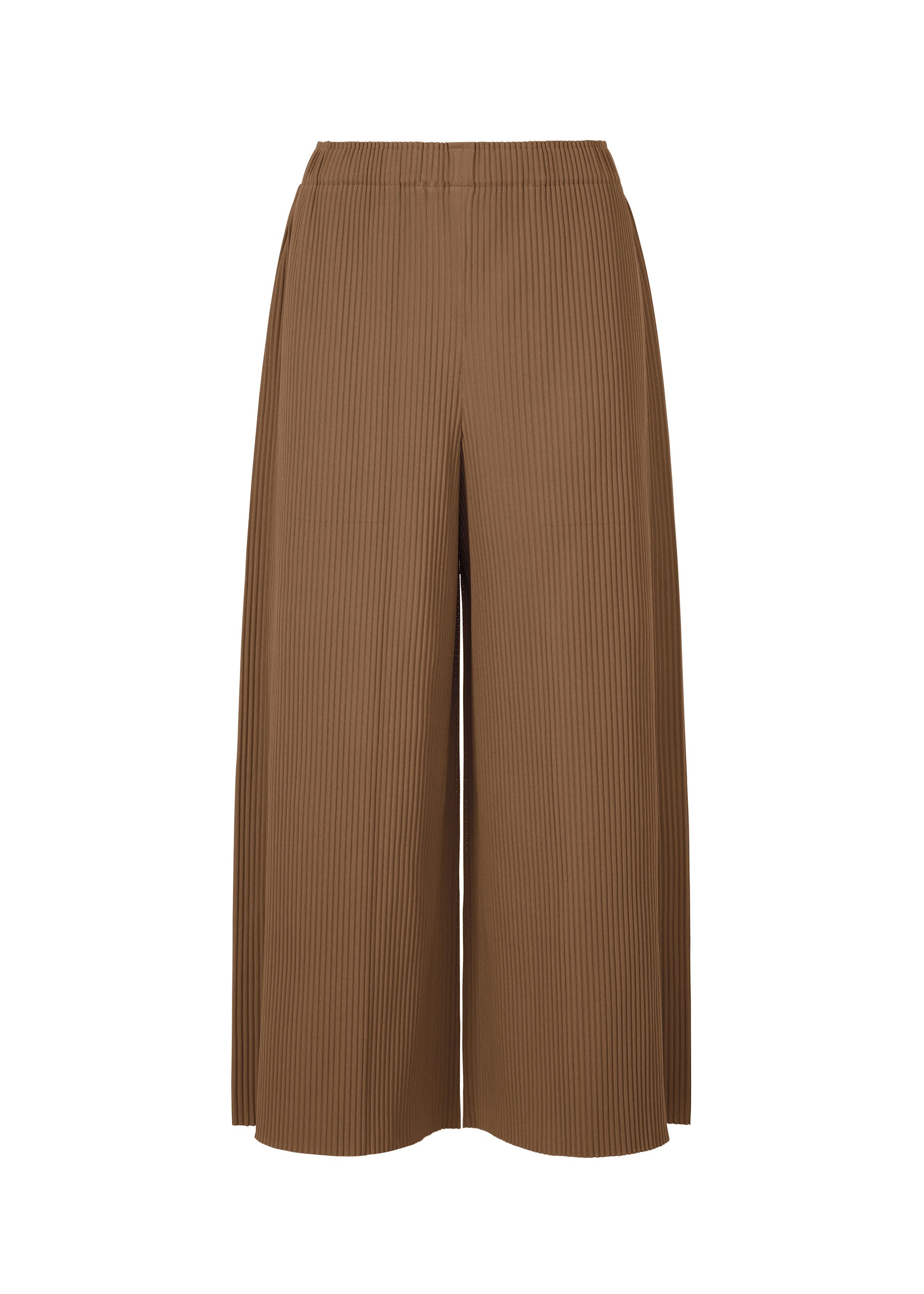 Zoomed view The FINE KNIT PLEATS BOTTOM 2 by me ISSEY MIYAKE are wide-leg, ankle-length brown pants with fine knit pleats and an elastic waistband, shown on a white background. - BROWN （no.44）
