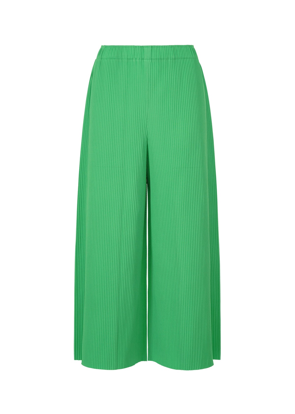 The FINE KNIT PLEATS BOTTOM 2 by me ISSEY MIYAKE are green, wide-leg, ankle-length pleated knit pants with an elastic waistband and fine knit pleats, shown against a white background. view 3 of 8