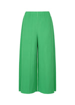 The FINE KNIT PLEATS BOTTOM 2 by me ISSEY MIYAKE are green, wide-leg, ankle-length pleated knit pants with an elastic waistband and fine knit pleats, shown against a white background. - COBALT GREEN （no.64）