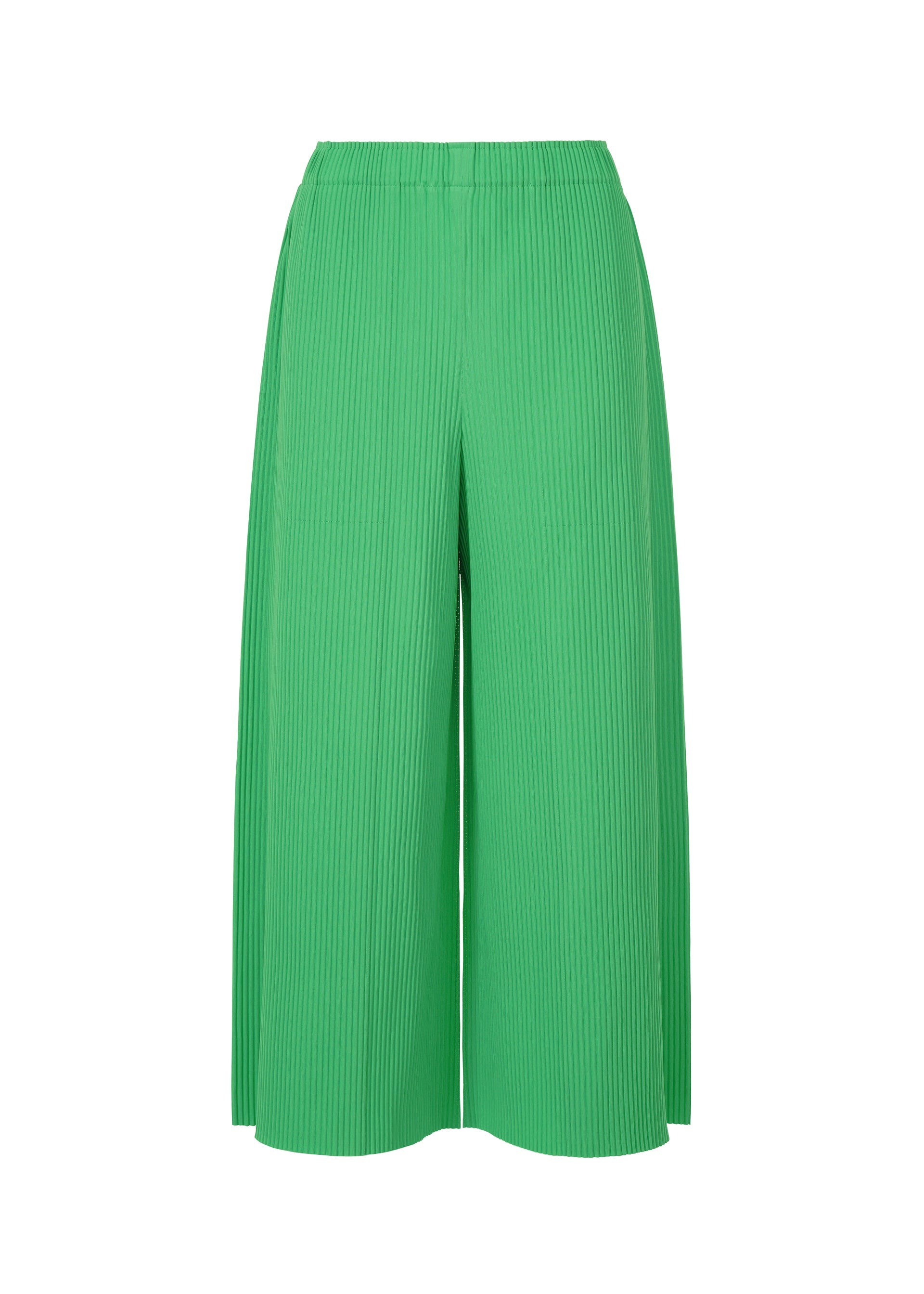 Zoomed view The FINE KNIT PLEATS BOTTOM 2 by me ISSEY MIYAKE are green, wide-leg, ankle-length pleated knit pants with an elastic waistband and fine knit pleats, shown against a white background. - COBALT GREEN （no.64）