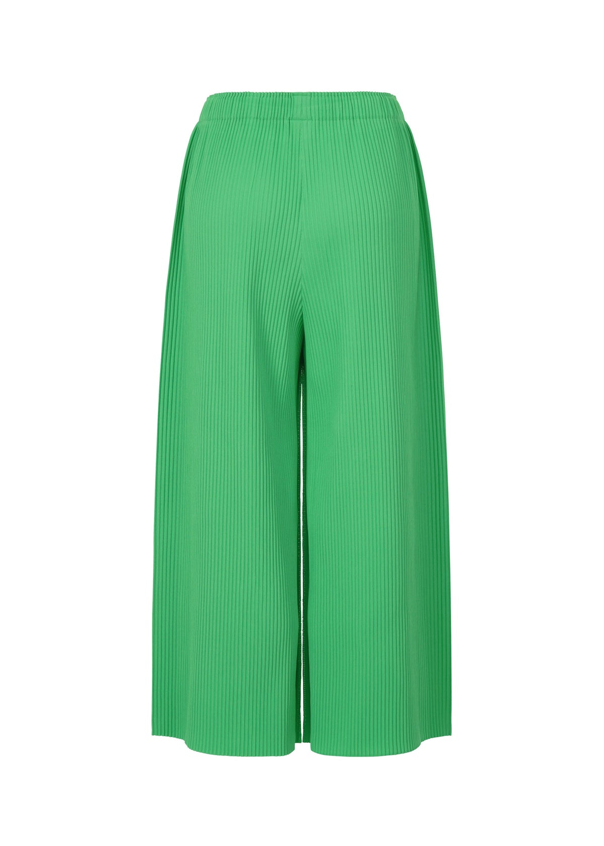 The me ISSEY MIYAKE FINE KNIT PLEATS BOTTOM 2 features bright green, wide-leg pleated knit pants with an elastic waistband, shown against a plain white background. view 4 of 8