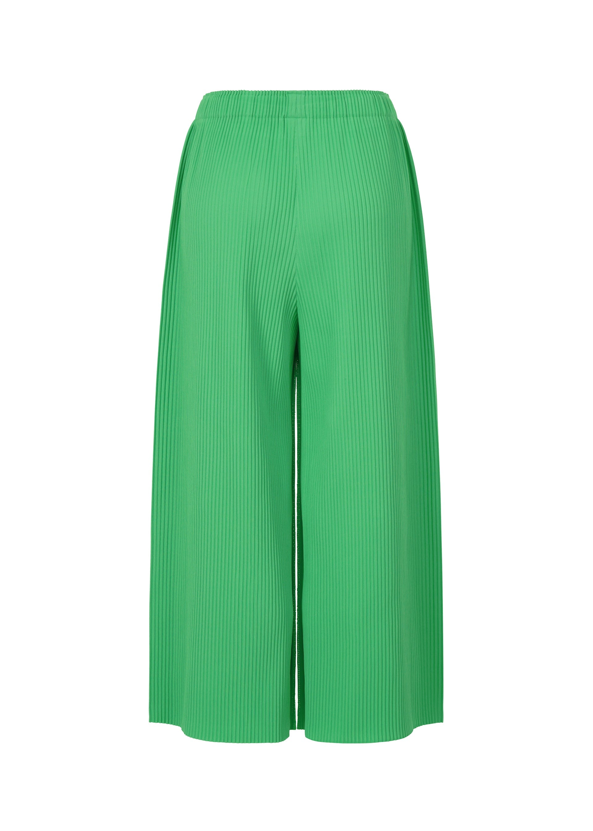 Zoomed view The me ISSEY MIYAKE FINE KNIT PLEATS BOTTOM 2 features bright green, wide-leg pleated knit pants with an elastic waistband, shown against a plain white background.