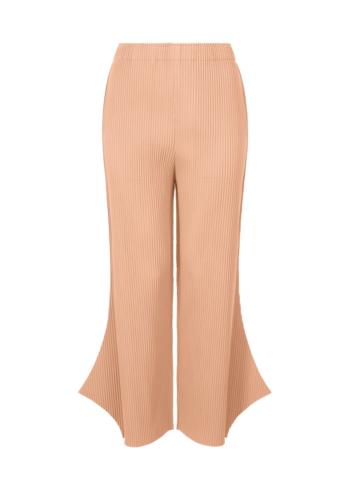 The FINE KNIT PLEATS BOTTOM 2 by me ISSEY MIYAKE are beige, high-waisted stretch pants with sculptural flared hems and a textured vertical stripe pattern for added dimension. view 1 of 6