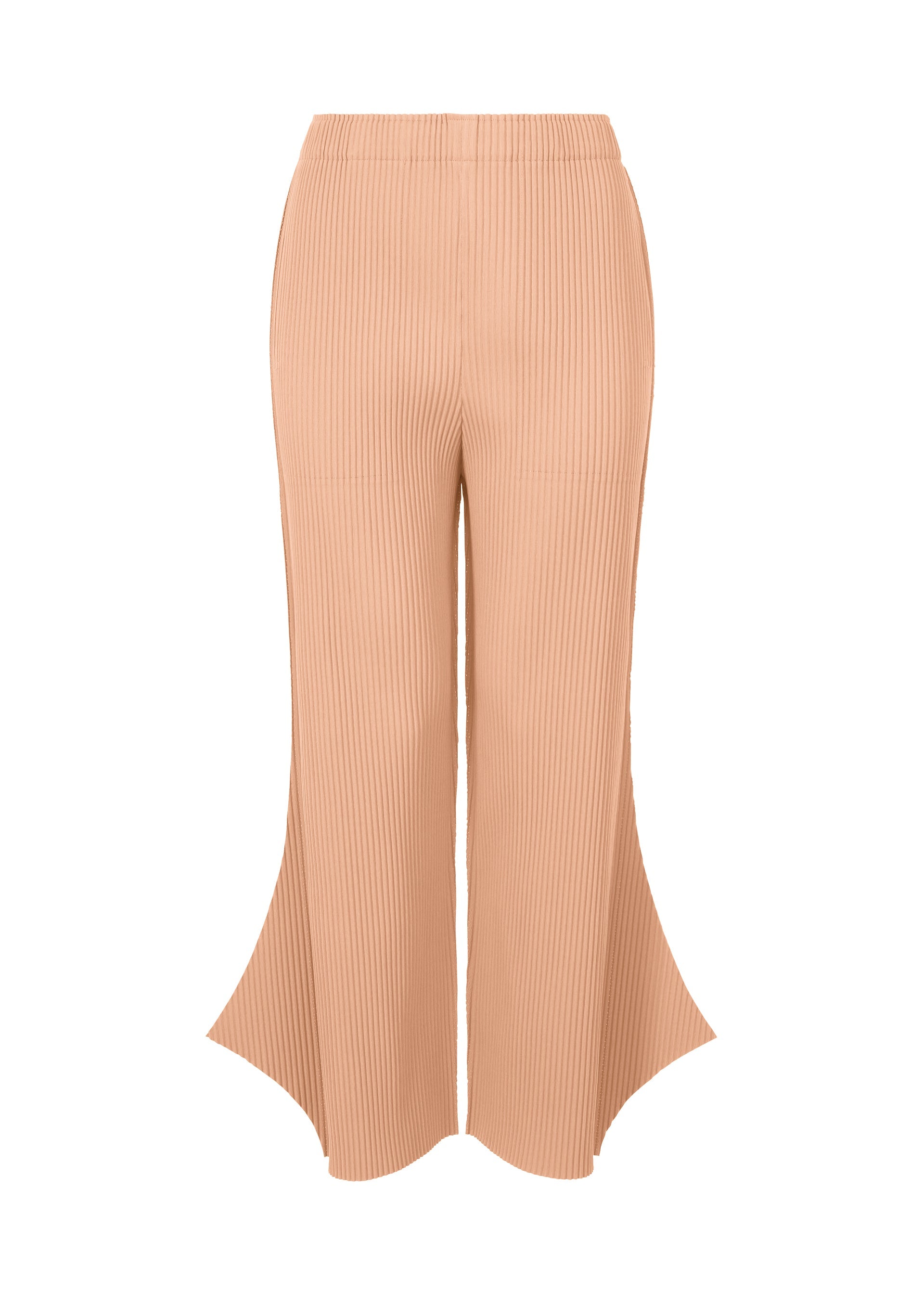 Zoomed view The FINE KNIT PLEATS BOTTOM 2 by me ISSEY MIYAKE are beige, high-waisted stretch pants with sculptural flared hems and a textured vertical stripe pattern for added dimension. - PEACH （no.30）