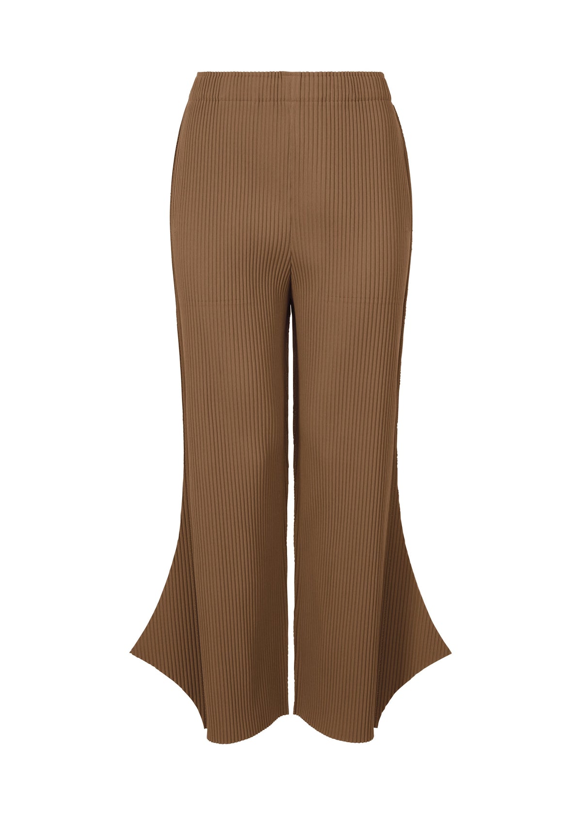 Me ISSEY MIYAKE FINE KNIT PLEATS BOTTOM 2: Brown high-waisted fine knit pants with unique flared split hems, shown on a white background. view 2 of 6