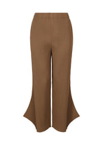 Me ISSEY MIYAKE FINE KNIT PLEATS BOTTOM 2: Brown high-waisted fine knit pants with unique flared split hems, shown on a white background. - BROWN （no.44）