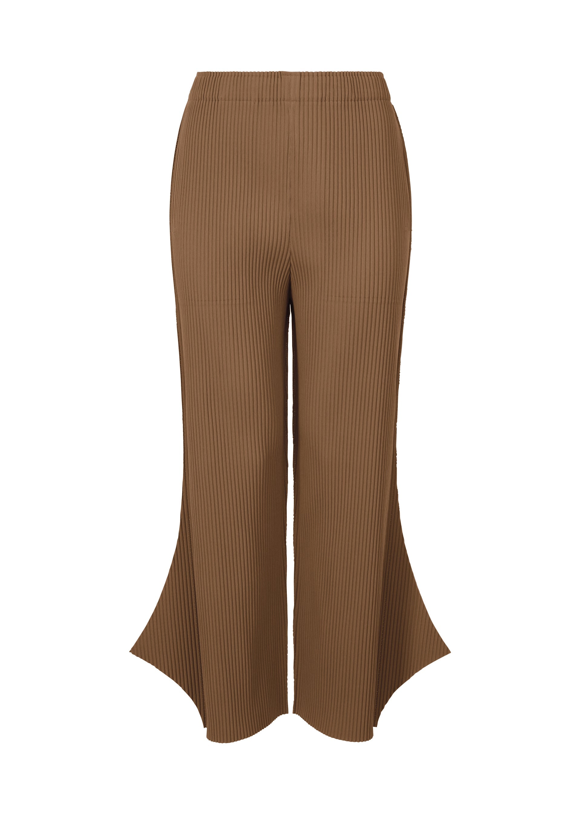 Zoomed view Me ISSEY MIYAKE FINE KNIT PLEATS BOTTOM 2: Brown high-waisted fine knit pants with unique flared split hems, shown on a white background. - BROWN （no.44）