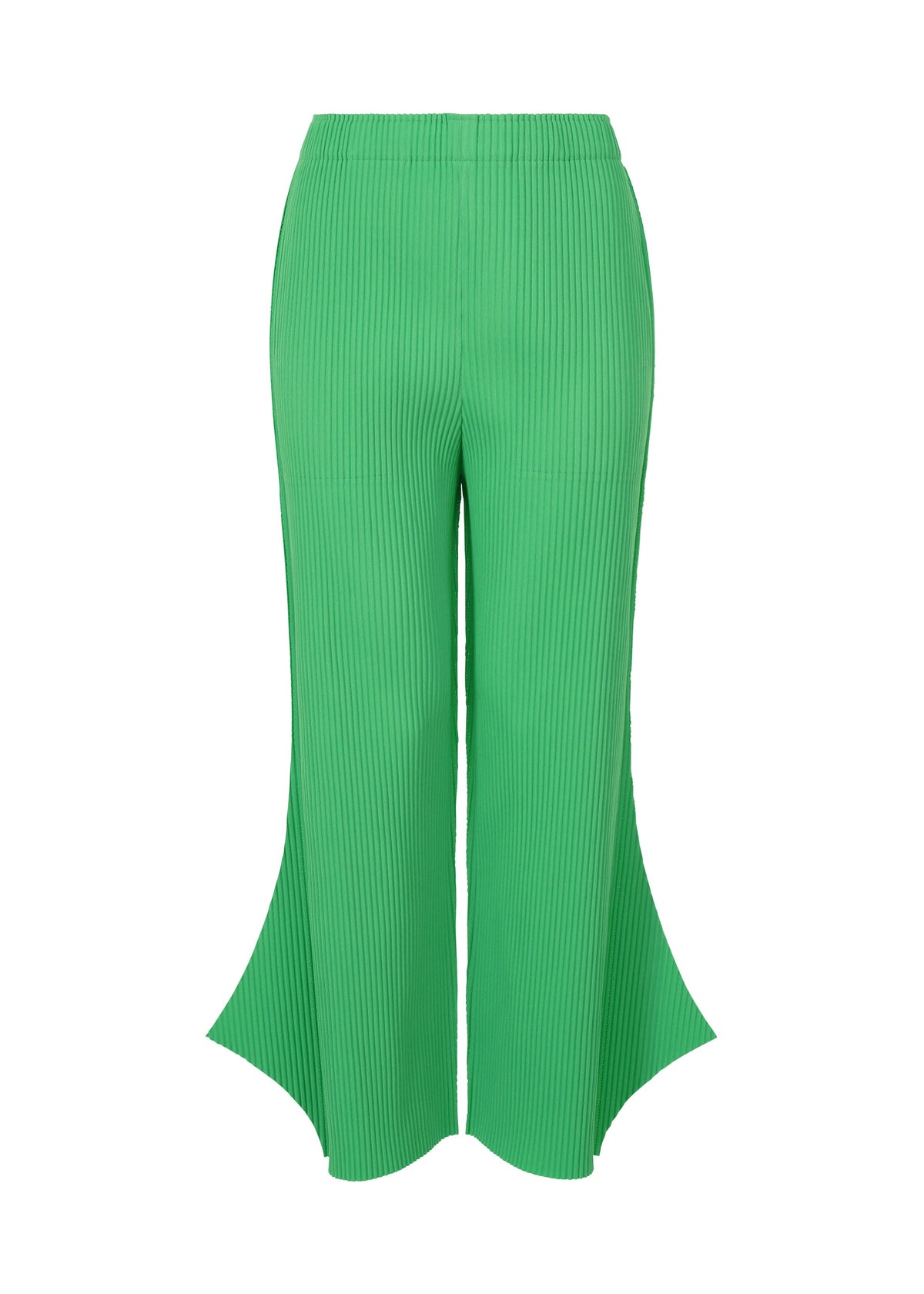 The FINE KNIT PLEATS BOTTOM 2 by me ISSEY MIYAKE features bright green, lightweight pleated pants with a high waist and flared hems that curve outward, creating a sculptural silhouette. view 3 of 6