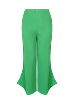 The FINE KNIT PLEATS BOTTOM 2 by me ISSEY MIYAKE features bright green, lightweight pleated pants with a high waist and flared hems that curve outward, creating a sculptural silhouette. - COBALT GREEN （no.64）