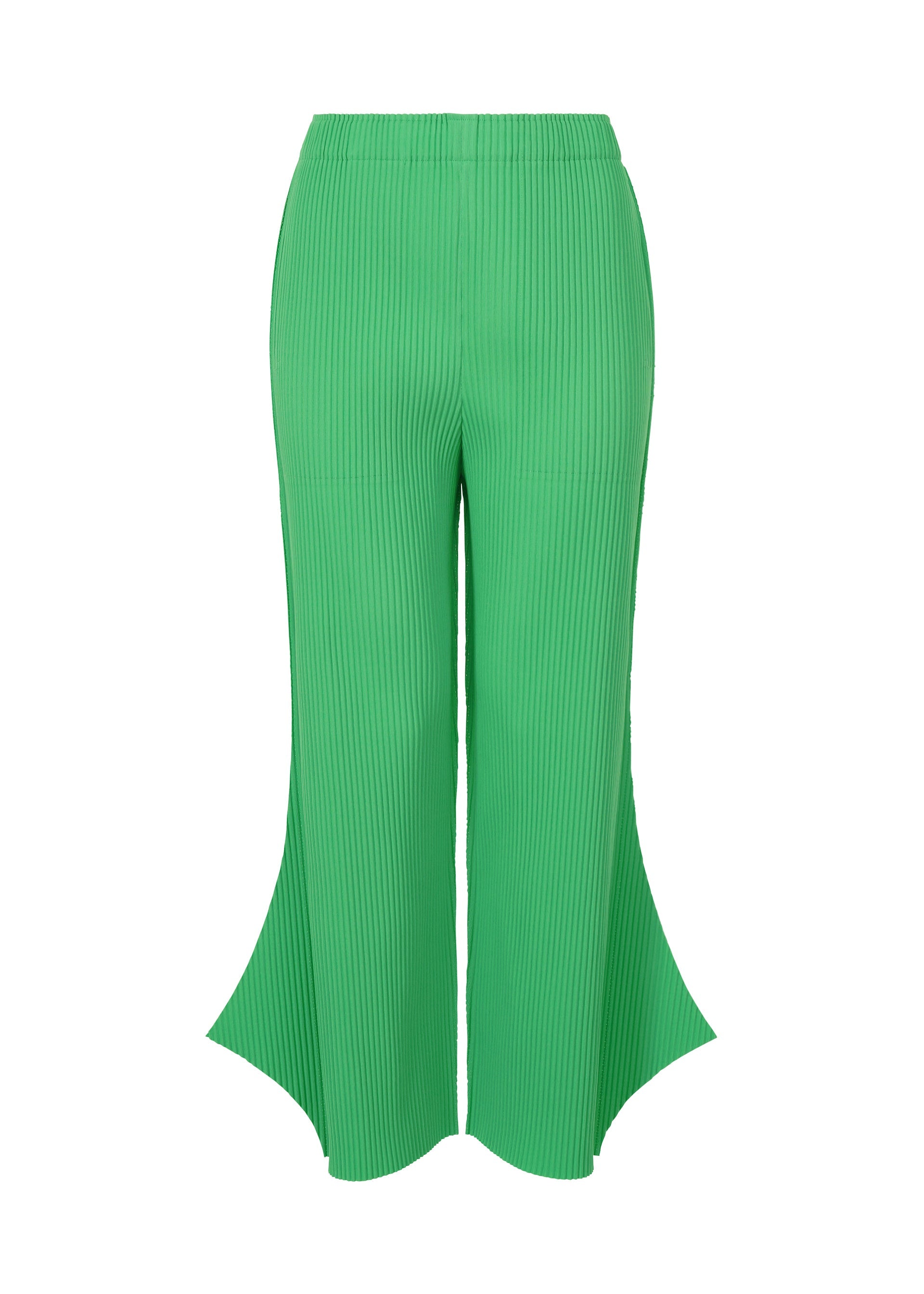 Zoomed view The FINE KNIT PLEATS BOTTOM 2 by me ISSEY MIYAKE features bright green, lightweight pleated pants with a high waist and flared hems that curve outward, creating a sculptural silhouette. - COBALT GREEN （no.64）