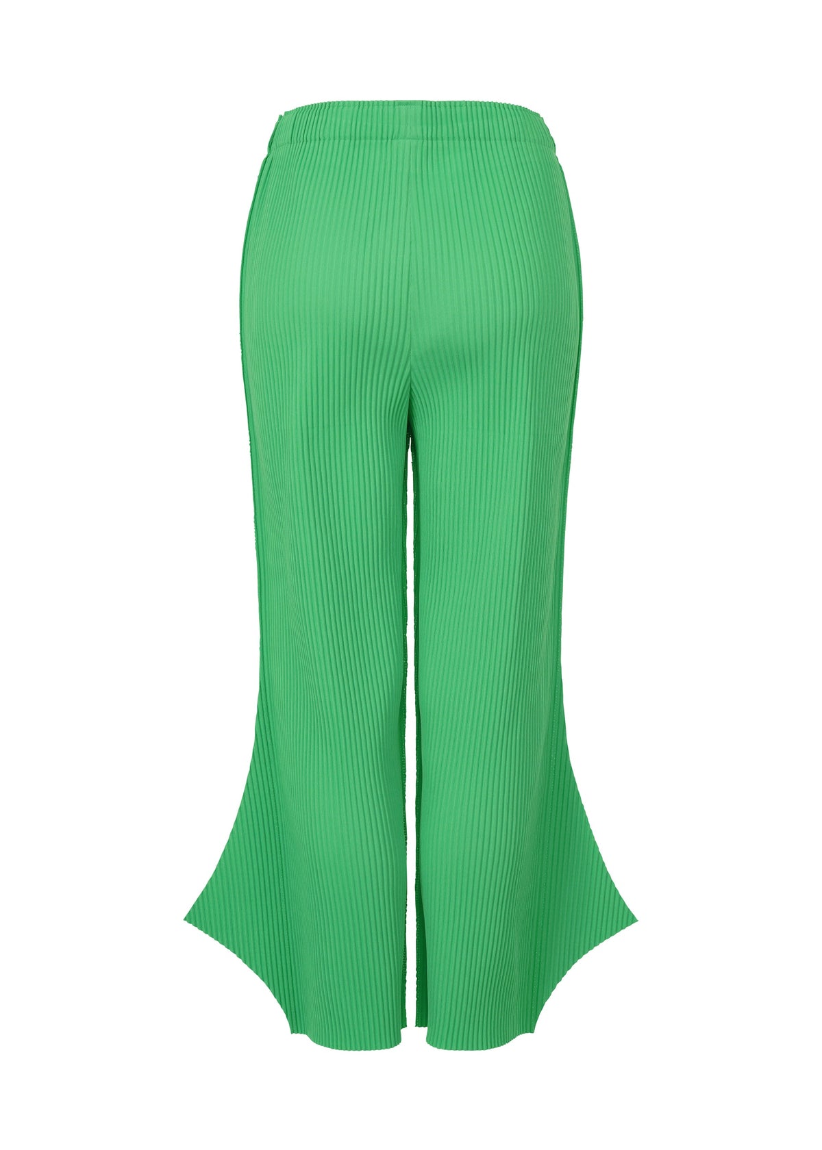 The FINE KNIT PLEATS BOTTOM 2 by me ISSEY MIYAKE features bright green stretchy knit, a high waist, wide flared legs, and scalloped hems. Shown from the back against a white background. view 4 of 6
