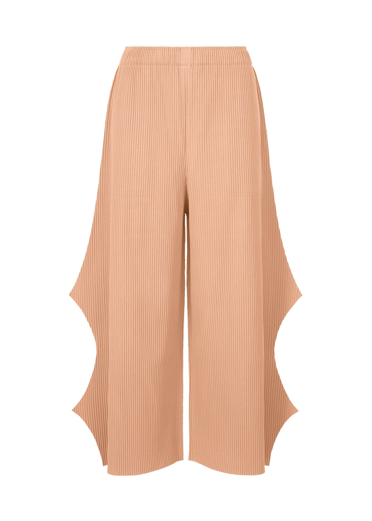 The FINE KNIT PLEATS BOTTOM 2 by me ISSEY MIYAKE features tan ribbed wide-leg pants with large curved side cutouts, elastic waistband, and a straight cropped fit for a sculptural, wavy look. view 1 of 6