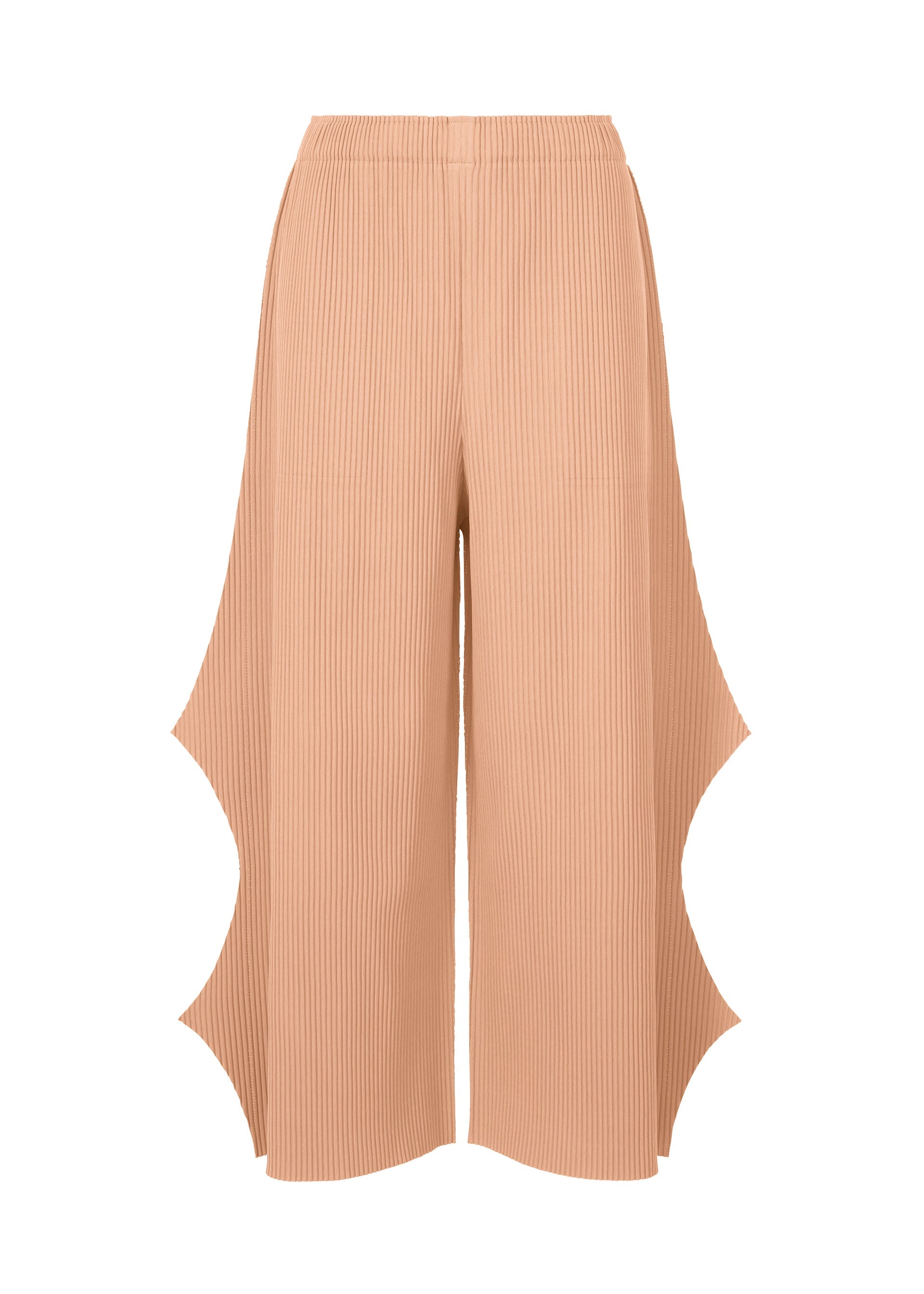 Zoomed view The FINE KNIT PLEATS BOTTOM 2 by me ISSEY MIYAKE features tan ribbed wide-leg pants with large curved side cutouts, elastic waistband, and a straight cropped fit for a sculptural, wavy look. - PEACH （no.30）