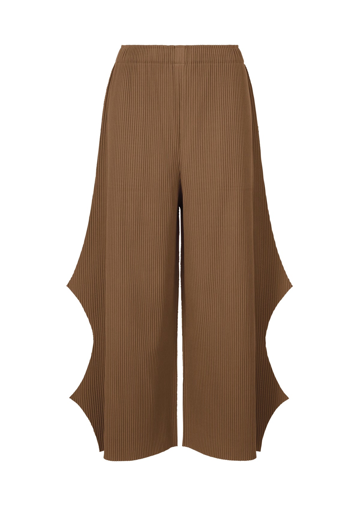 The FINE KNIT PLEATS BOTTOM 2 by me ISSEY MIYAKE are brown, ankle-length knit pants with ribbed texture, high waistband, and sculptural wavy cut-outs along the outer seams for a flared silhouette. No visible fasteners. view 2 of 6