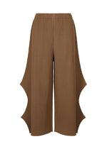 The FINE KNIT PLEATS BOTTOM 2 by me ISSEY MIYAKE are brown, ankle-length knit pants with ribbed texture, high waistband, and sculptural wavy cut-outs along the outer seams for a flared silhouette. No visible fasteners. - BROWN （no.44）