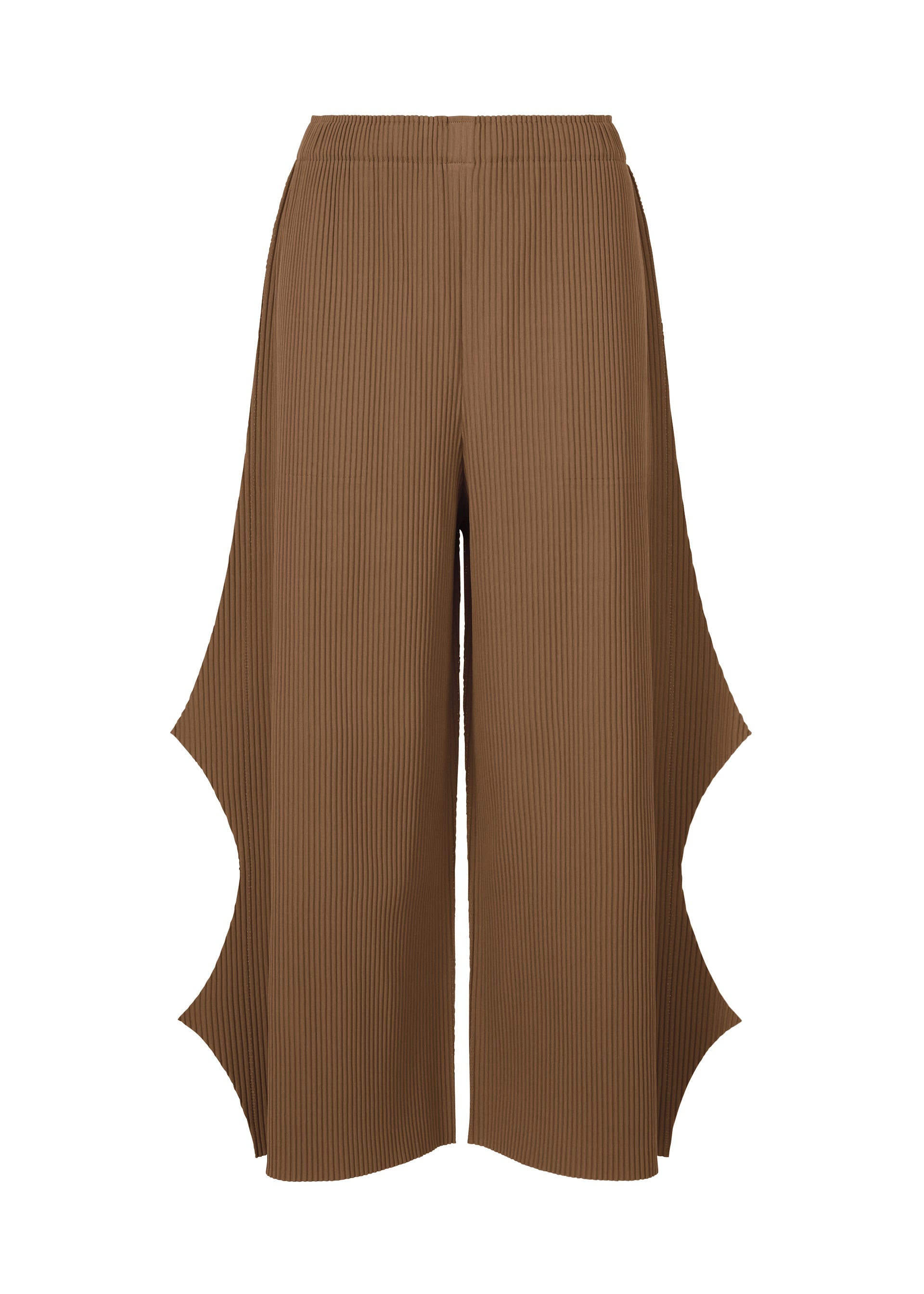 Zoomed view The FINE KNIT PLEATS BOTTOM 2 by me ISSEY MIYAKE are brown, ankle-length knit pants with ribbed texture, high waistband, and sculptural wavy cut-outs along the outer seams for a flared silhouette. No visible fasteners. - BROWN （no.44）