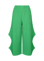 The me ISSEY MIYAKE FINE KNIT PLEATS BOTTOM 2 features bright green pleated knit fabric and unique curved side cutouts, creating an artistic, sculptural silhouette with textured dimension. - COBALT GREEN （no.64）