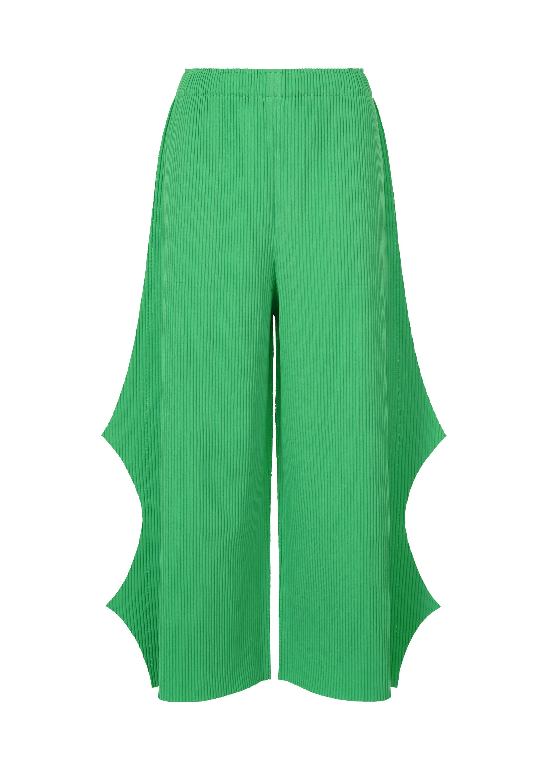 Zoomed view The me ISSEY MIYAKE FINE KNIT PLEATS BOTTOM 2 features bright green pleated knit fabric and unique curved side cutouts, creating an artistic, sculptural silhouette with textured dimension. - COBALT GREEN （no.64）