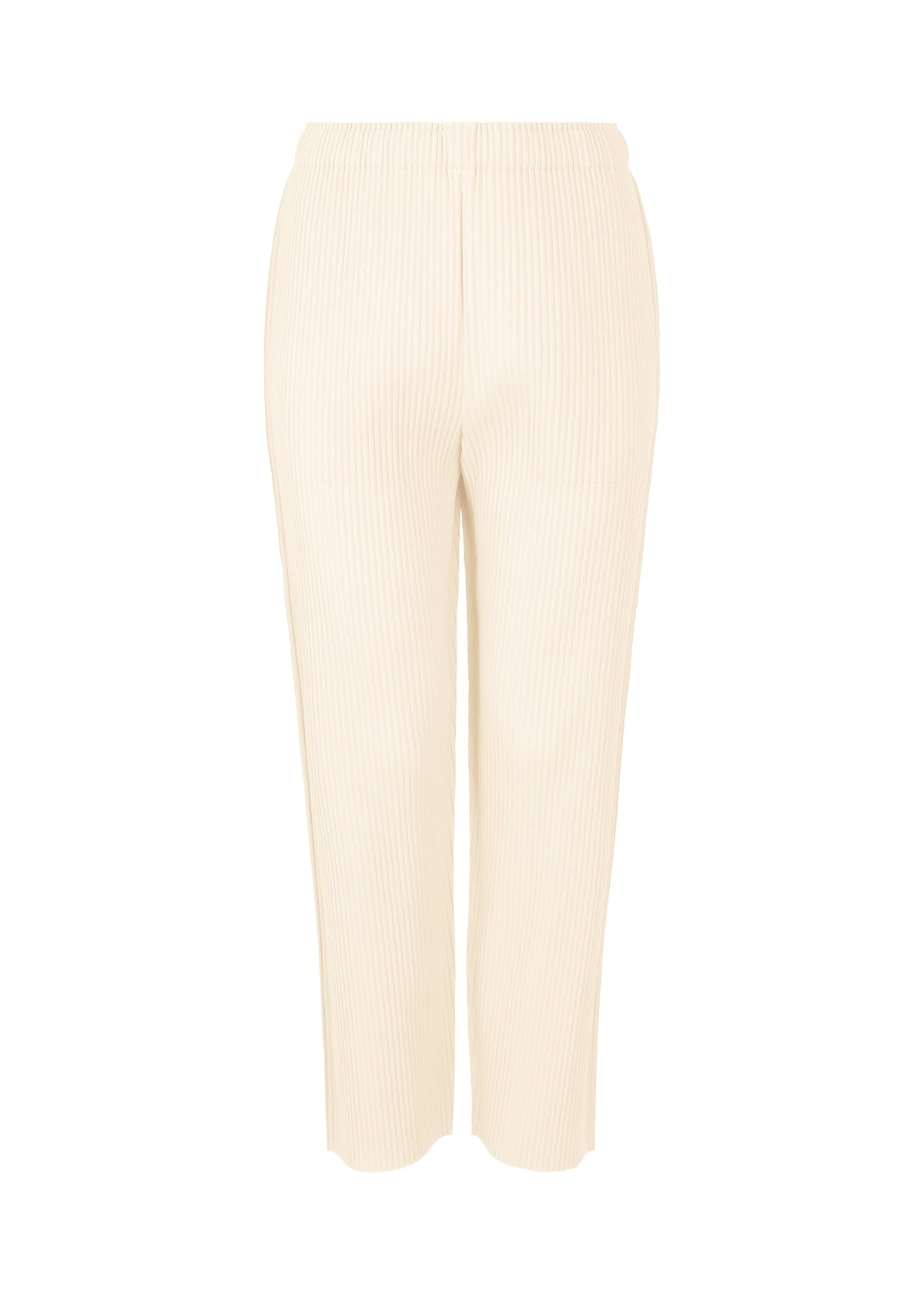 The FINE KNIT PLEATS BOTTOM 3 by me ISSEY MIYAKE are cream-colored, lightweight straight-leg pants with fine knit pleats and an elastic waistband, shown against a white background. view 1 of 5