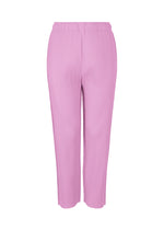 The FINE KNIT PLEATS BOTTOM 3 pants by me ISSEY MIYAKE are high-waisted, straight-leg, and light pink. Made from lightweight knit with an elastic waistband, they have no visible pockets or fastenings and are shown on a white background. - LILAC （no.20）
