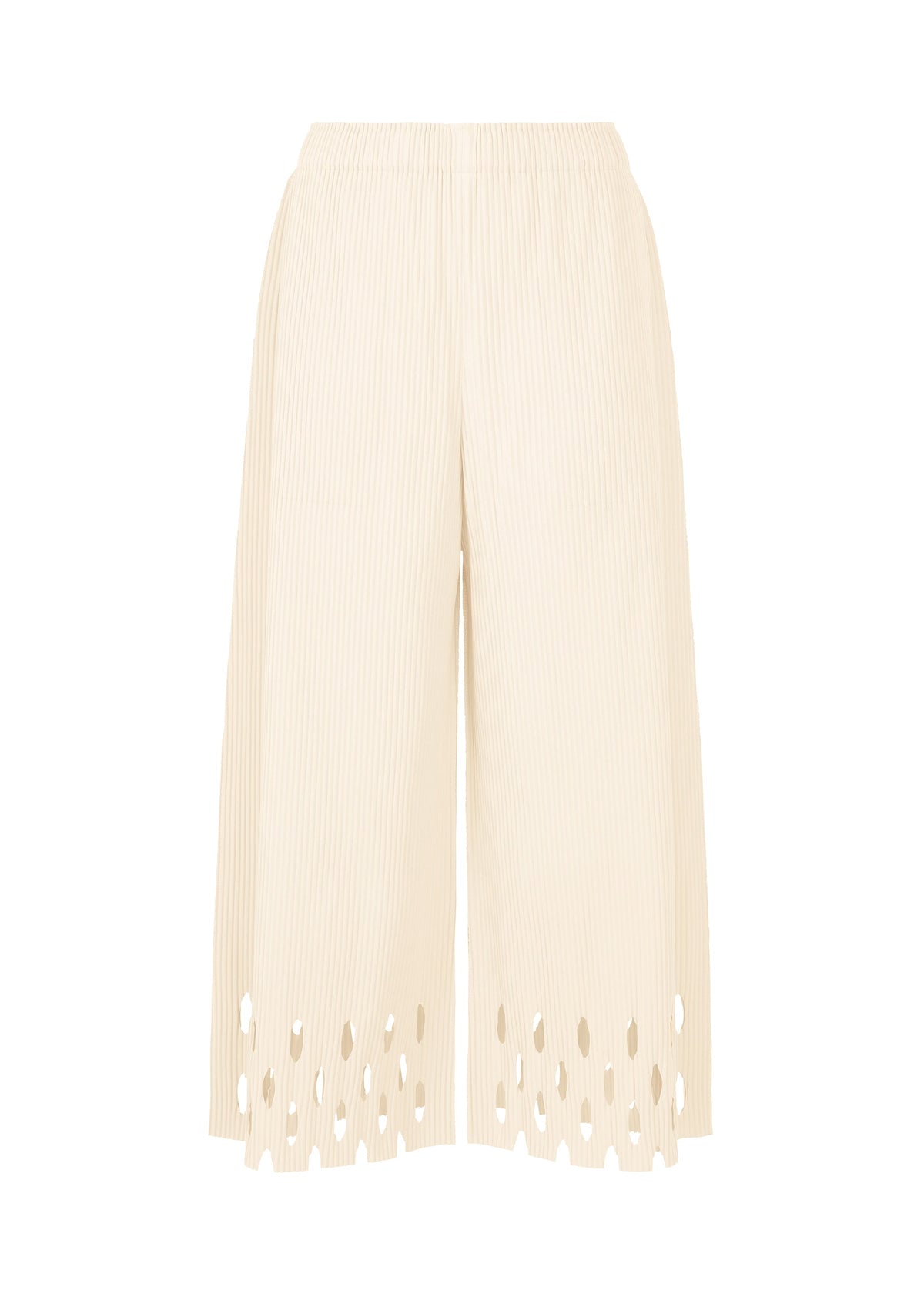 The FINE KNIT PLEATS BOTTOM 3 by me ISSEY MIYAKE features wide legs, a cream hue, an elastic waistband, pleated knit texture, and a decorative laser-cut hem pattern. view 1 of 7