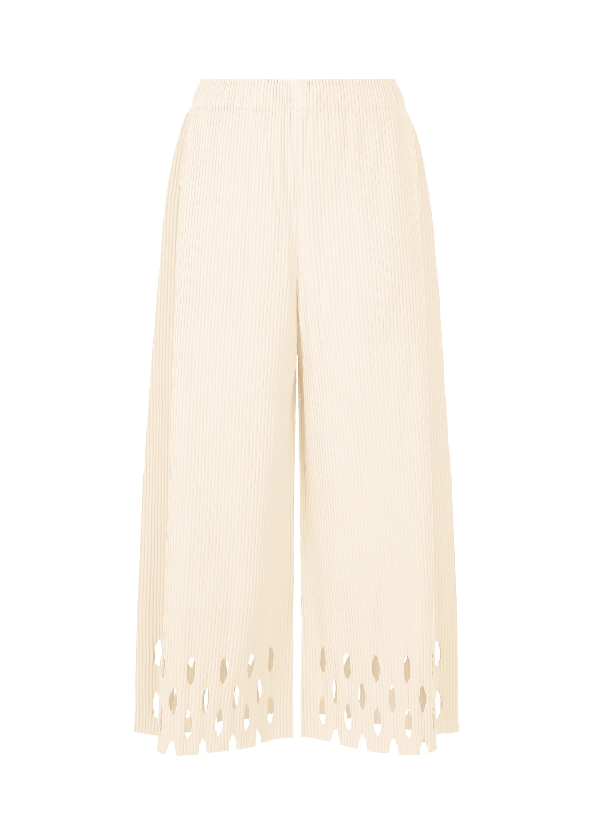 Zoomed view The FINE KNIT PLEATS BOTTOM 3 by me ISSEY MIYAKE features wide legs, a cream hue, an elastic waistband, pleated knit texture, and a decorative laser-cut hem pattern. - WHITE （no.01）