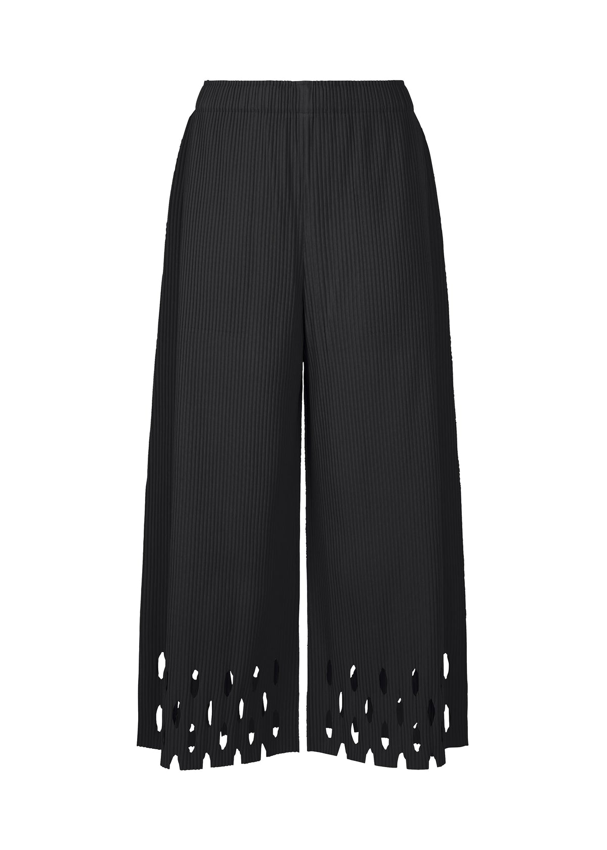 The FINE KNIT PLEATS BOTTOM 3 by me ISSEY MIYAKE features black pleated knit, an elastic waistband, and laser-cut geometric hem details. Crafted from lightweight knit and shown against a white background. view 2 of 7