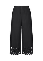 The FINE KNIT PLEATS BOTTOM 3 by me ISSEY MIYAKE features black pleated knit, an elastic waistband, and laser-cut geometric hem details. Crafted from lightweight knit and shown against a white background. - BLACK （no.15）