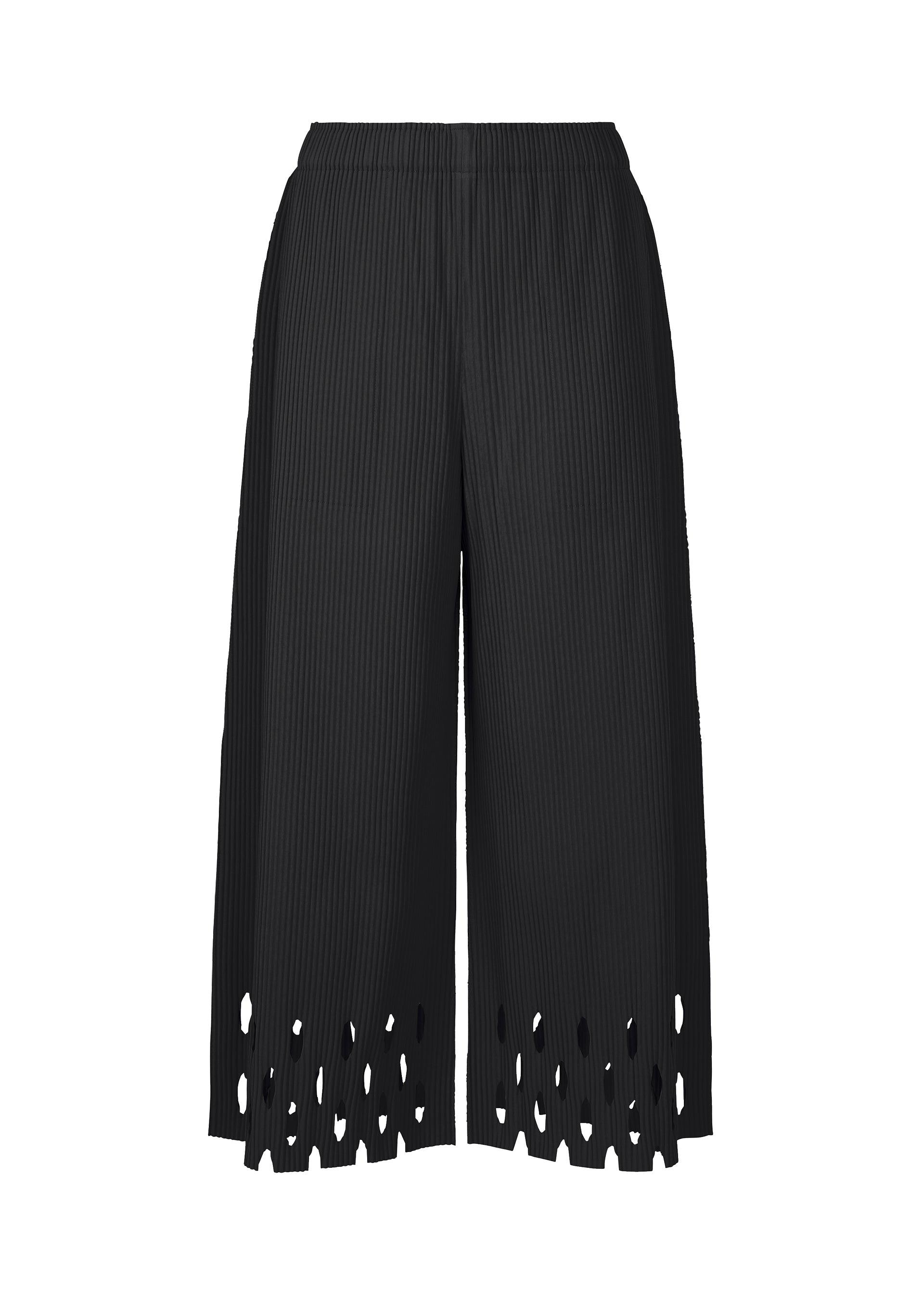 Zoomed view The FINE KNIT PLEATS BOTTOM 3 by me ISSEY MIYAKE features black pleated knit, an elastic waistband, and laser-cut geometric hem details. Crafted from lightweight knit and shown against a white background. - BLACK （no.15）