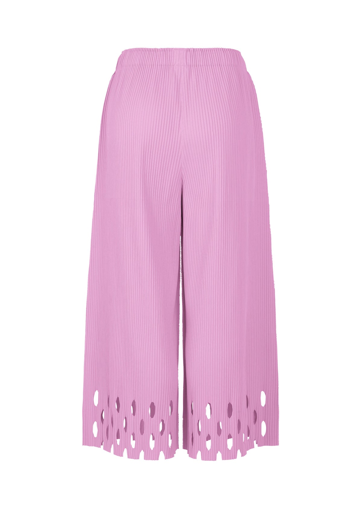 The FINE KNIT PLEATS BOTTOM 3 by me ISSEY MIYAKE are pink wide-leg pants featuring pleats, an elastic waistband, and laser-cut circular hems for a blend of style and comfort. view 4 of 7
