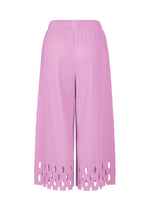 The FINE KNIT PLEATS BOTTOM 3 by me ISSEY MIYAKE are pink wide-leg pants featuring pleats, an elastic waistband, and laser-cut circular hems for a blend of style and comfort.
