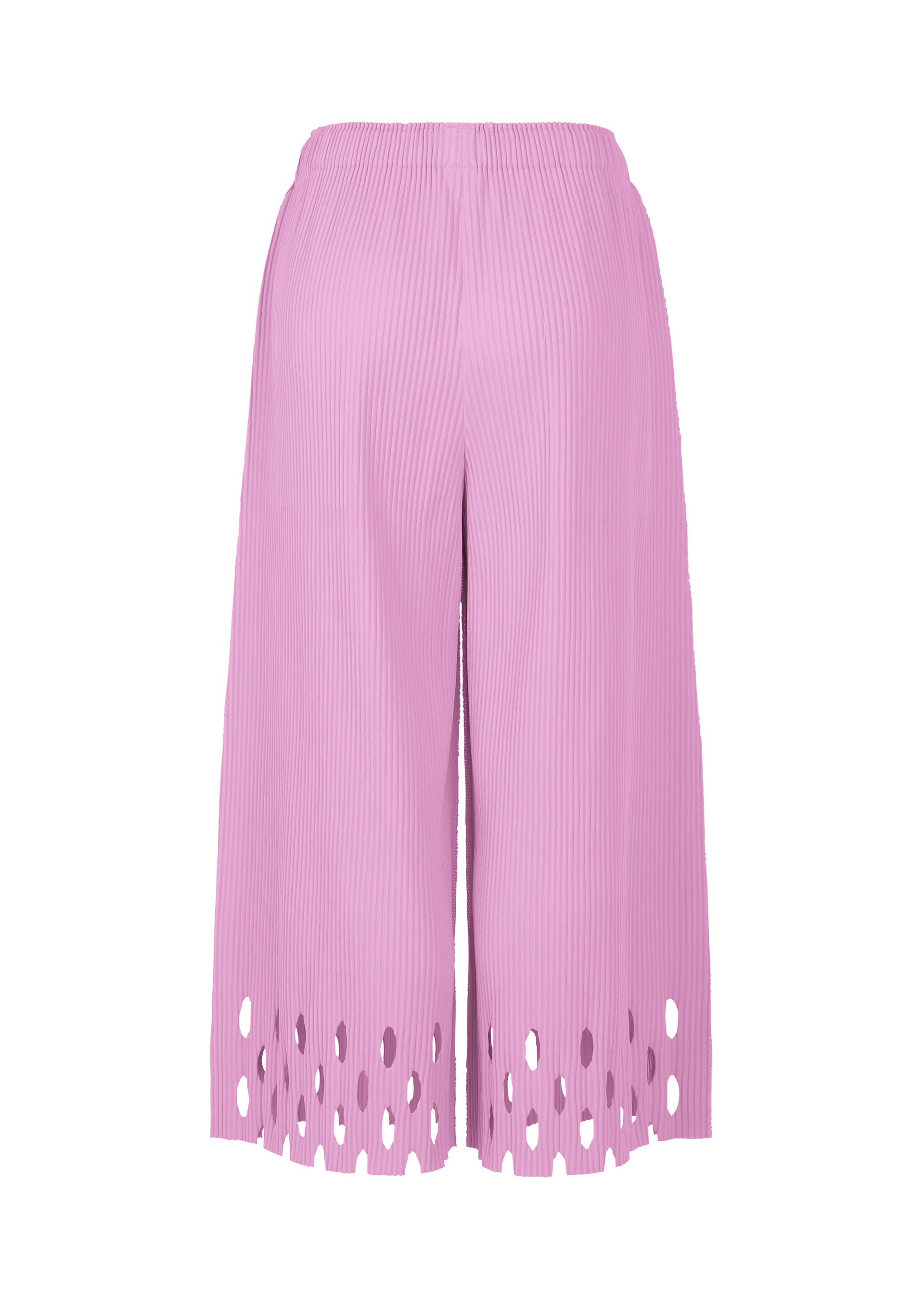 Zoomed view The FINE KNIT PLEATS BOTTOM 3 by me ISSEY MIYAKE are pink wide-leg pants featuring pleats, an elastic waistband, and laser-cut circular hems for a blend of style and comfort.