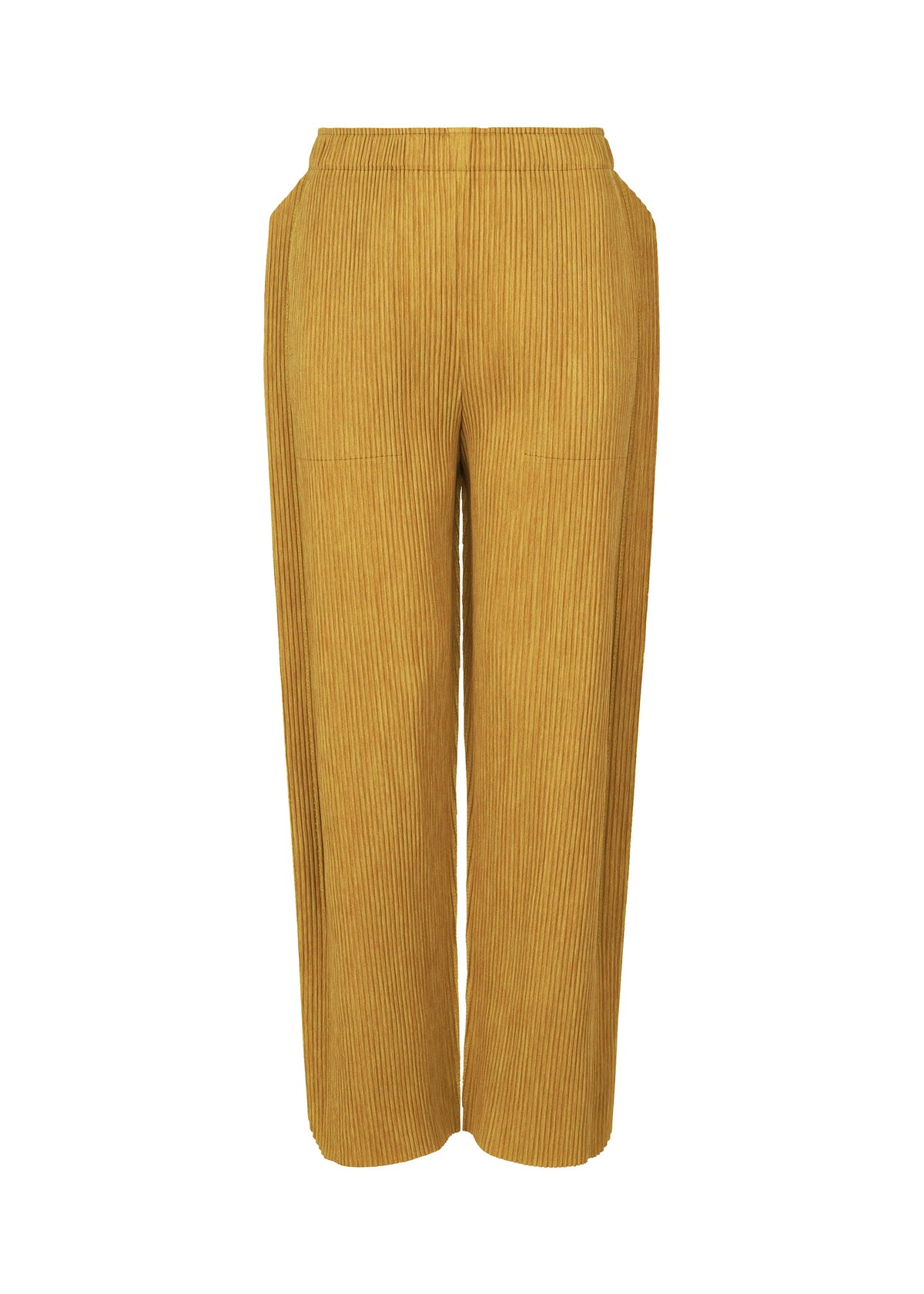 The MIX FINE KNIT PLEATS BOTTOM by me ISSEY MIYAKE features wide-leg, high-waisted mustard yellow pleated knit pants with vertical texture and side pockets, shown on a plain white background. view 1 of 7