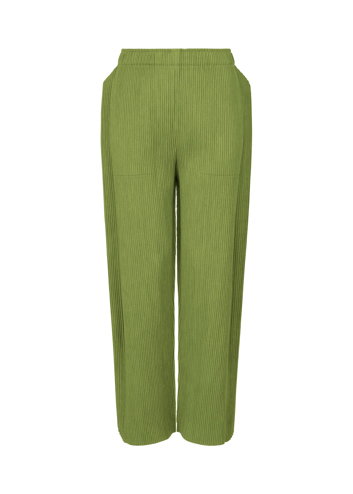 The MIX FINE KNIT PLEATS BOTTOM by me ISSEY MIYAKE features wide-leg pleated pants with an elastic waistband and knit-inspired texture, shown on a white background. view 2 of 7