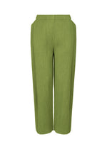 The MIX FINE KNIT PLEATS BOTTOM by me ISSEY MIYAKE features wide-leg pleated pants with an elastic waistband and knit-inspired texture, shown on a white background. - GREEN-HUED （no.69）