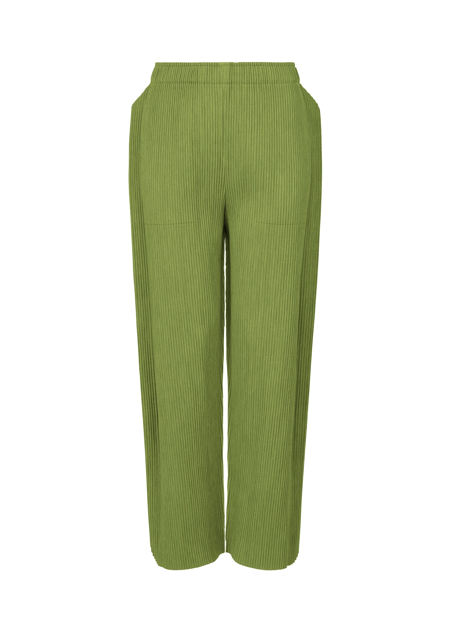 Zoomed view The MIX FINE KNIT PLEATS BOTTOM by me ISSEY MIYAKE features wide-leg pleated pants with an elastic waistband and knit-inspired texture, shown on a white background. - GREEN-HUED （no.69）