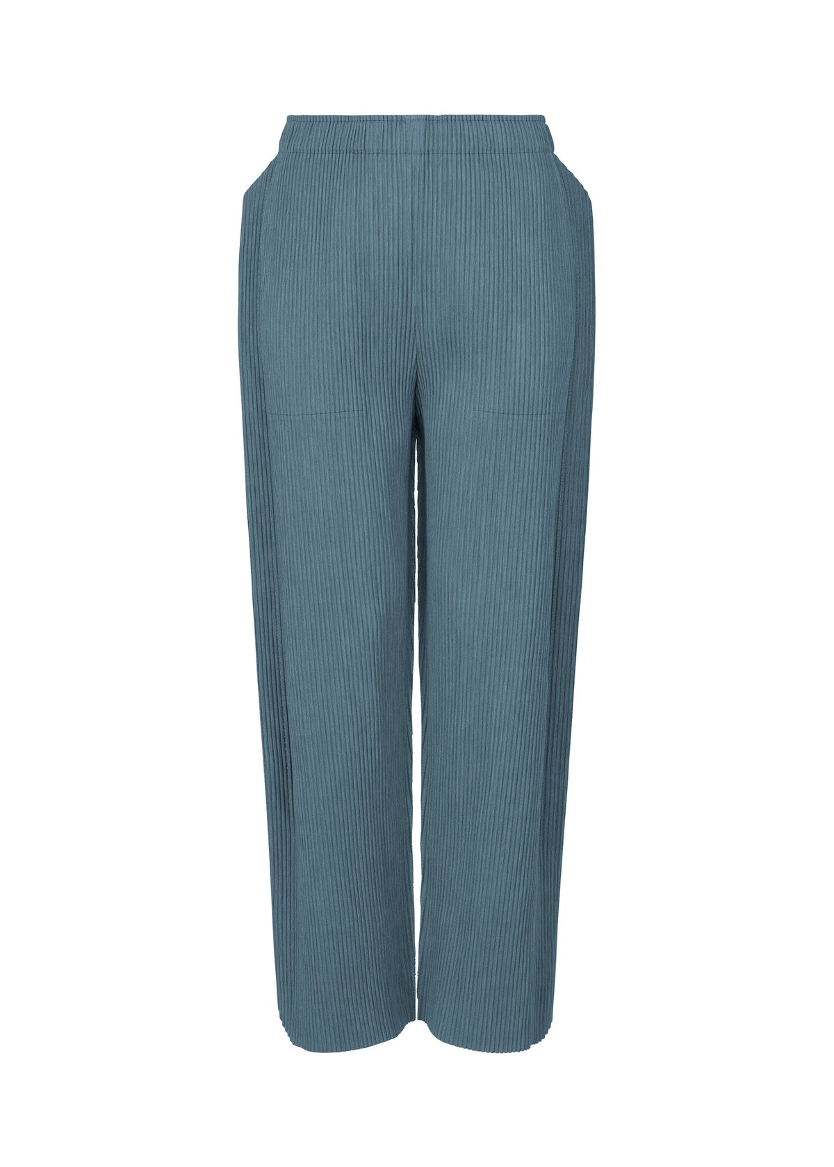 The MIX FINE KNIT PLEATS BOTTOM by me ISSEY MIYAKE features high-waisted, straight-leg ribbed blue knit pants with an elastic waistband and side pockets, shown against a white background. view 3 of 7